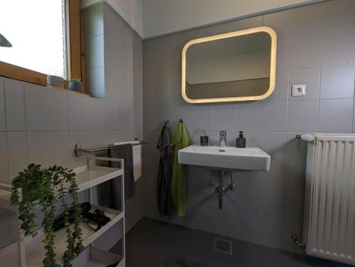 y baño con lavabo y espejo. en Angerpartments-Sonnige große Wohnung mit Balkon und kostenlosen Parkplatz en Döbriach