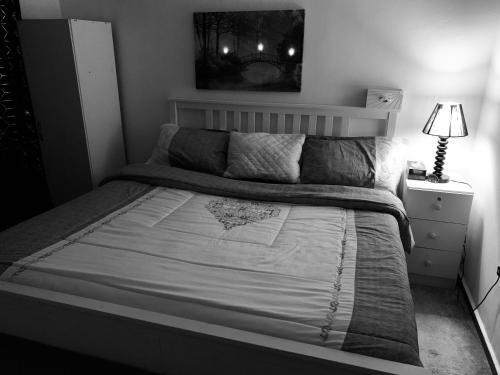 ein Schlafzimmer mit einem großen Bett mit einer Decke und einer Lampe in der Unterkunft Khalima food stuff building in Abu Dhabi