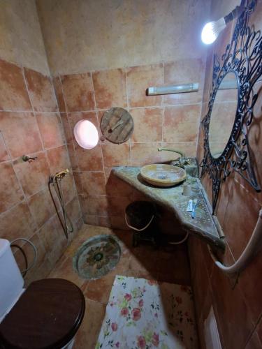 a bathroom with a sink and a mirror at KASBAH DES MONTAGNS maisons d'hôtes la vallée des roses in Bou Drarar