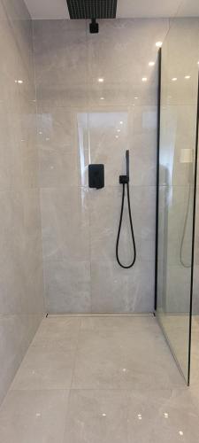 een badkamer met een douche met een zwarte douchekop bij A&A Apartment Baden-Baden in Baden-Baden
