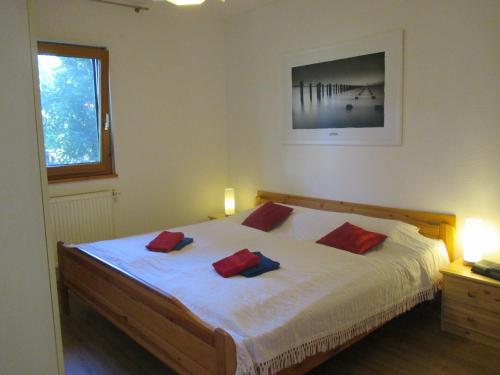 ein Schlafzimmer mit einem Bett mit roten Kissen darauf in der Unterkunft Ferienhaus Knopf -direkt am Küstenwald in Zinnowitz