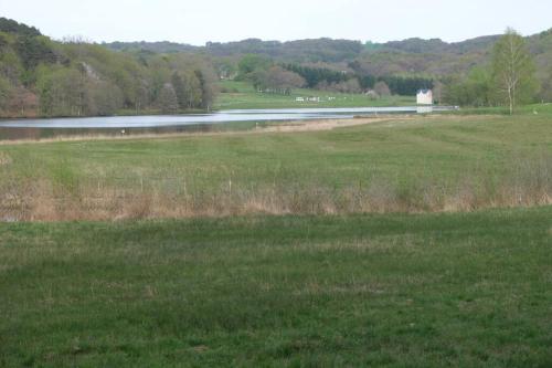 a field of grass with a lake in the background at Le Cosy in Sousceyrac