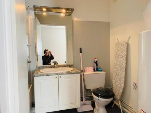 een persoon die een foto neemt van een badkamer met een wastafel bij Appartement Rangeuil Toulouse in Toulouse