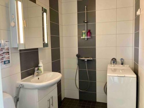 W łazience znajduje się umywalka i prysznic. w obiekcie Huoneistomajoitus Tupa,LaatuLomat w mieście Juva
