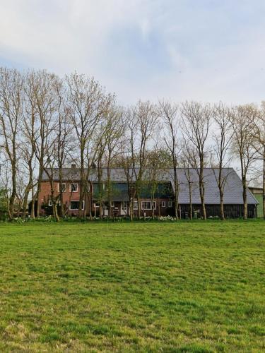 a large building in the middle of a field with trees at Ferienwohnung Sort Sol Grellsbülldeich 7 in Aventoft