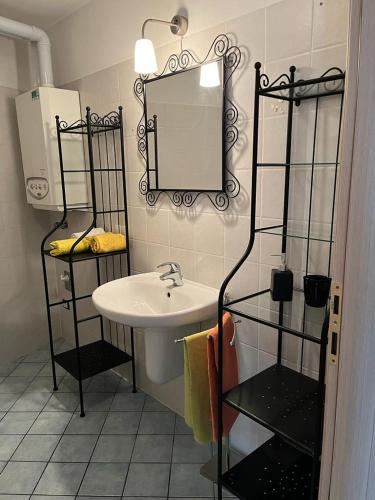 a bathroom with a sink and a mirror at CA' del GIACOMINO in Baselga di Pinè