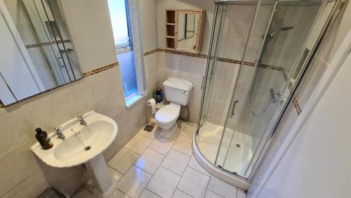 een badkamer met een douche, een toilet en een wastafel bij Rutland Street Townhouse Belfast in Belfast