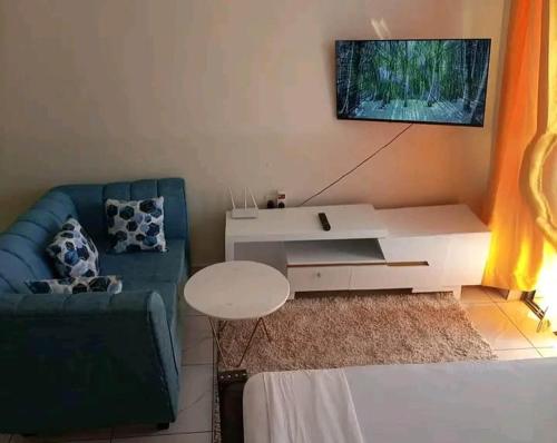 sala de estar con sofá y TV en la pared en Well lit and loaded studio bnb en Kikuyu