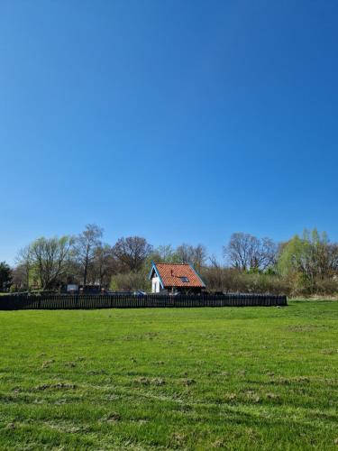 a field with a house in the distance at Pieninė in Ventė