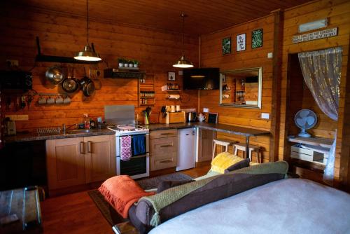a kitchen in a log cabin with a couch in it at APPLE Cabin - Little Log Cabin in Wales in Newtown