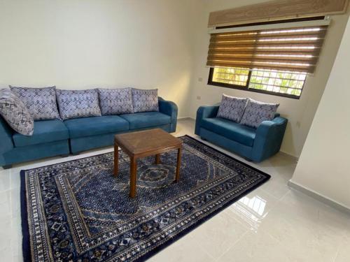a living room with a blue couch and a table at Moon Apartments in Jerash