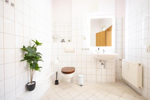 a white tiled bathroom with a toilet and a sink at Apartments an der Oper - Innenstadt - Zentral - Küche - Wifi - Powered by Ko-Living in Halle an der Saale