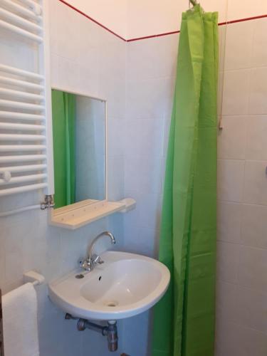 a bathroom with a sink and a green shower curtain at Hotel Migani in Rimini