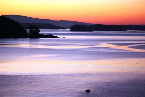 un coucher de soleil sur une grande étendue d'eau dans l'établissement Westcoast Paradise, à Ucluelet