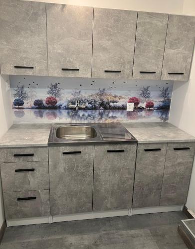a kitchen with a sink and a painting on the wall at Gaspard in Sarbinowo