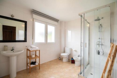 a bathroom with a sink and a toilet and a shower at As Sete Campás in Meaño