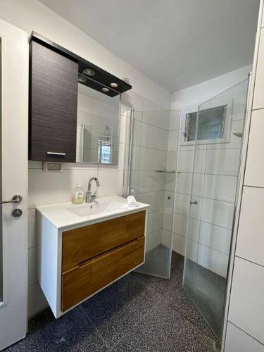 a bathroom with a sink and a shower at Central Studio with a Garden in Tel Aviv