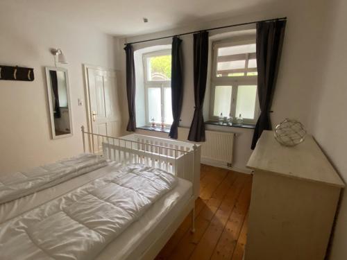 1 dormitorio con 1 cama y 2 ventanas en Jagdschloss Siedlinghausen EG, en Winterberg