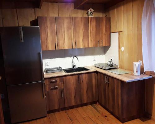 eine Küche mit einem schwarzen Kühlschrank und Holzschränken in der Unterkunft Zakątek nad Sanem in Załuż
