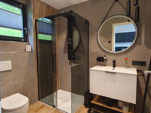 uma casa de banho com um chuveiro, um lavatório e um espelho. em Odenwald-Lodge mit Infrarotsauna und E-Ladestation "Haus Purpur" em Reichelsheim