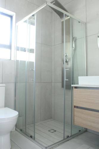 a bathroom with a shower with a toilet and a sink at Eunathi Cottage in Johannesburg