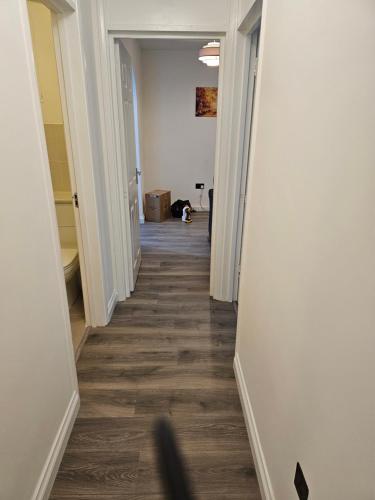 a hallway with white walls and wood floors at 1 bed modern flat in Didcot
