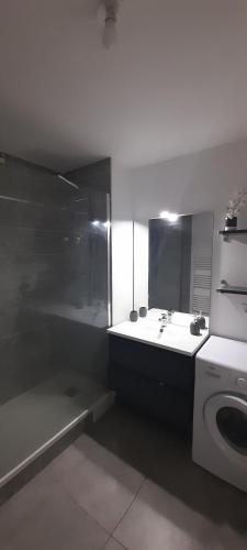 y baño blanco con lavabo y lavadora. en T2 de Haut standing- Montpellier, en Montpellier