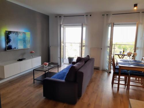 Televízia a/alebo spoločenská miestnosť v ubytovaní NEW APARTMENT Wołyńska - przestronny, z widokiem, czysto, parking, balkon