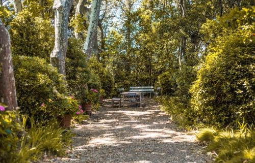 a garden with a picnic table and some bushes and trees at Gîte du parc à Langel in Armissan