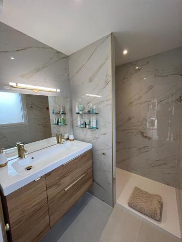 a bathroom with a sink and a shower at Maison Terracotta vous accueille à 8min de Dinard in Le Minihic-sur-Rance