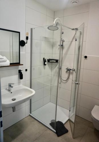 a bathroom with a shower and a sink at Landhotel Strandallee in Wunstorf