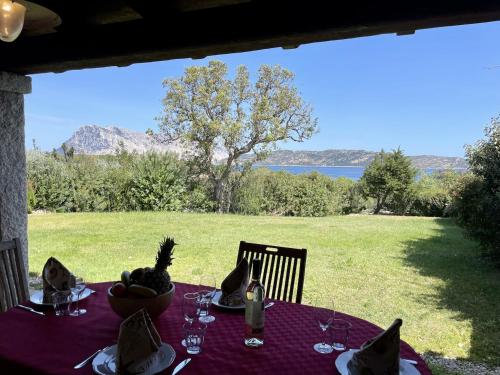 a table with a bowl of fruit on it with a view at CAPO CODA CAVALLO VILLA SALINEDDA GIARDINO VISTA MARE in Capo Coda Cavallo