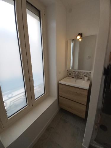 ein Bad mit einem Waschbecken, einem Spiegel und einem Fenster in der Unterkunft Le 29 spacieux , wifi et climatisation in Agen