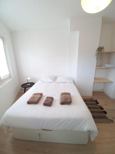 ein Schlafzimmer mit einem weißen Bett mit zwei Kissen darauf in der Unterkunft Le 29 spacieux , wifi et climatisation in Agen