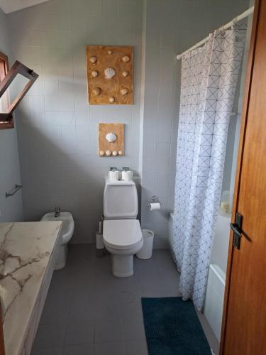 a small bathroom with a toilet and a sink at Labruge Ocean View in Labruge