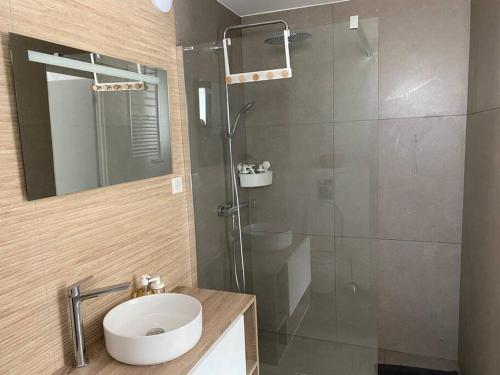 bagno con doccia in vetro e lavandino di Logement indépendant dans villa avec jardin a Ventabren