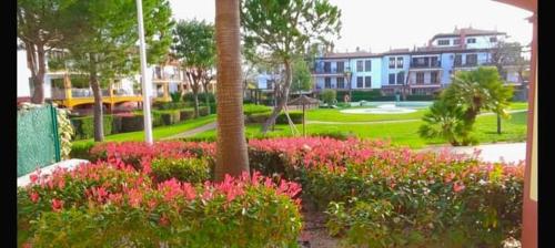 a garden with pink flowers in front of a building at APARTAMENTO MANUELA PROXIMO a GOLF ISLA CANELA LINKS in Ayamonte