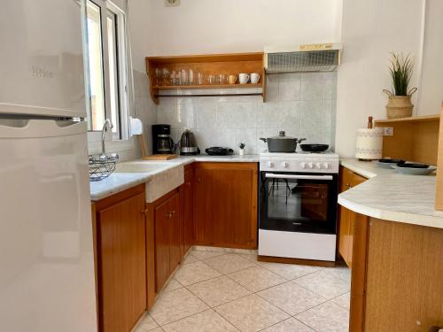 a kitchen with wooden cabinets and a white stove top oven at Yiayia's House, in Zipari Village "1" in Zipárion