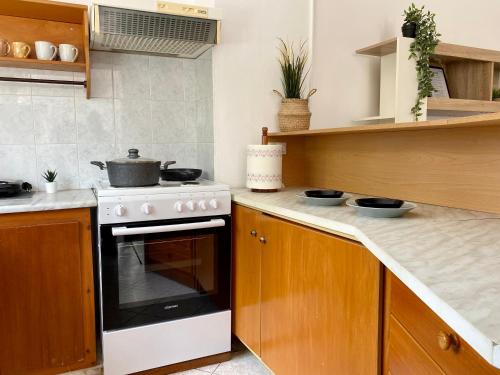 a kitchen with a stove and some pots and pans at Yiayia's House, in Zipari Village "1" in Zipárion