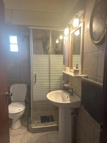 a bathroom with a sink and a toilet and a shower at Modern 1-bedroom with BBQ & Roof Garden near Beach in Stalos