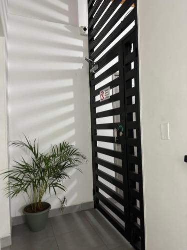 a black door with a plant in a room at Aparta estudio amoblado 3 Medellin, San joaquin in Medellín