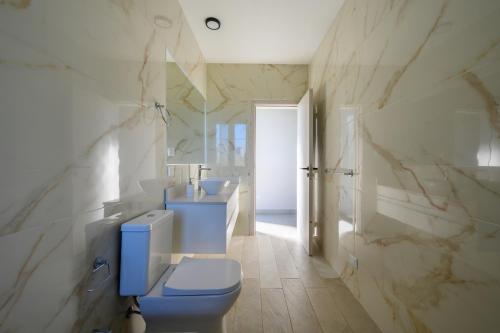 a bathroom with a blue toilet and a sink at Casa Puerto del Aguila - Potrero de Garay in Potrero de Garay