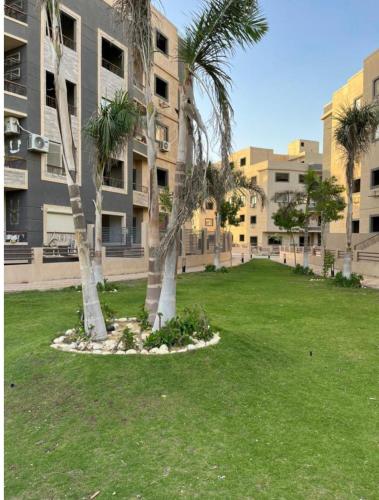 un parc avec des palmiers en face d'un bâtiment dans l'établissement Dream city, au Caire