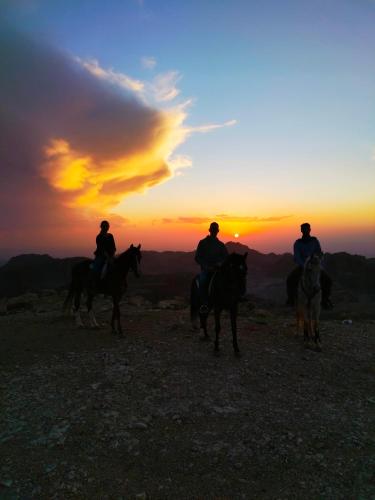 three people riding horses in front of a sunset at Petra Desert Dream Hotel in Wadi Musa