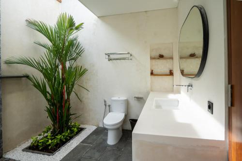 a bathroom with a toilet and a sink and a mirror at Atania Villa's Bingin in Uluwatu