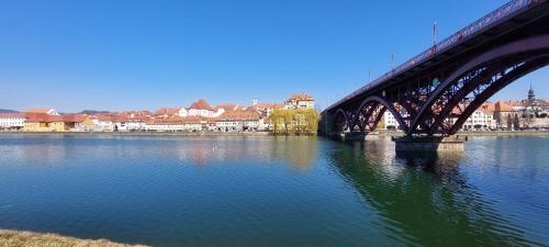 a bridge over a river with buildings in the background at LA Studio in Maribor