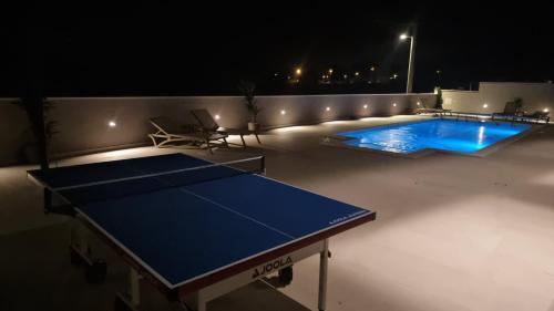a ping pong table in the middle of a pool at night at Villa Madison in Posedarje