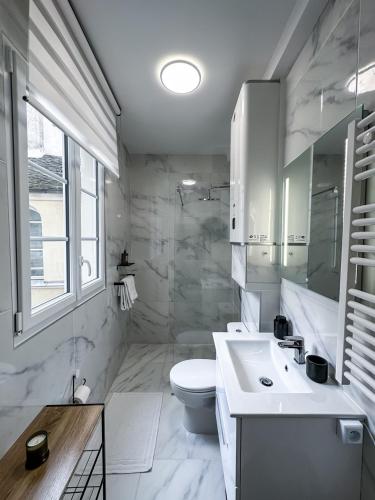 une salle de bain blanche avec des toilettes et un lavabo dans l'établissement Canettes Deluxe Apartment, à Paris
