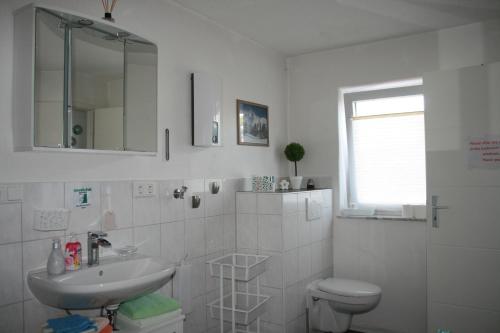a white bathroom with a sink and a toilet at Liebevolle Fewo im Bayerischen Wald in Witzmannsberg