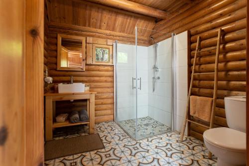 a bathroom with a shower and a toilet at The Scandinavian Village-Teva BaHar in Har Haluz